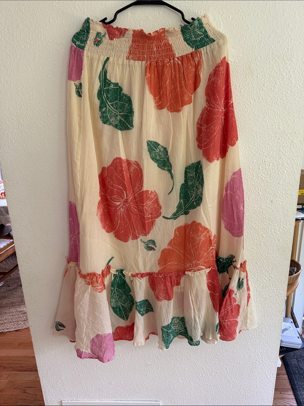 Cream Floral Maxi Skirt with Pink, Coral & Green Print